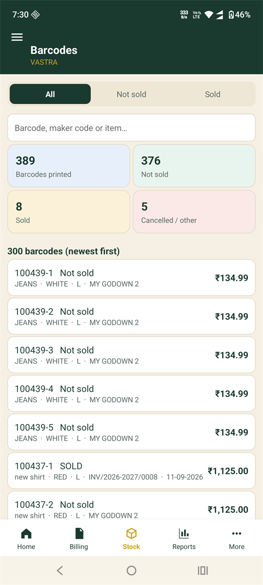 Every barcode, with sold and not-sold