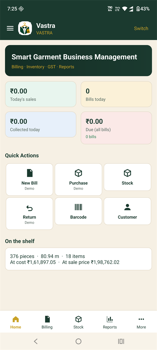 The Vastra app home screen: today&rsquo;s sales, bills, collection and dues